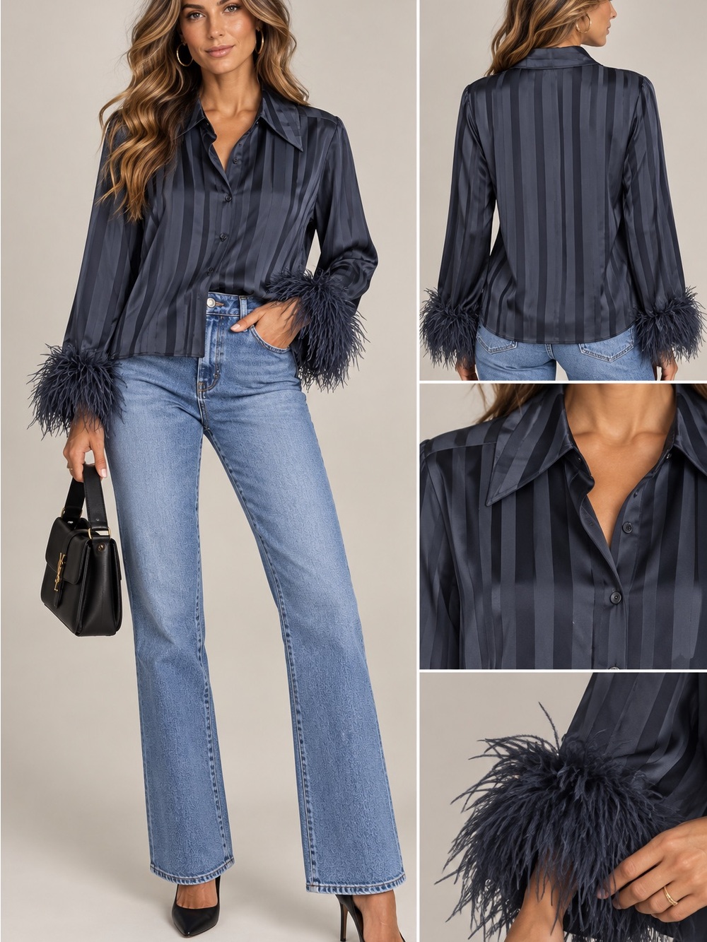 Feather-Cuff Striped Satin Button-Down Blouse - Navy
